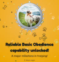 A celebration in the app: the Reliable Basic Obedience capability unlocked, a major milestone in training