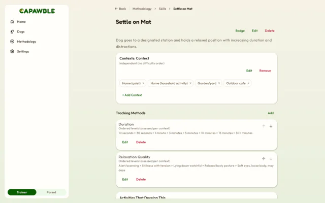 The Settle on Mat skill in a trainer's methodology, open in a web browser, with its contexts and tracking methods