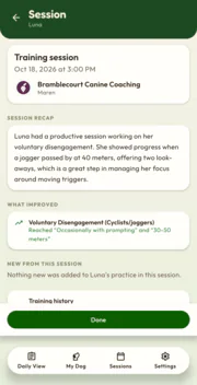 Luna's session recap as her family sees it: how the session went and what improved