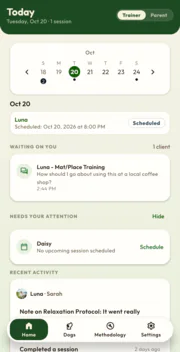 A trainer's day in the Capawble app: the day's session, a client's question waiting on a reply, and a dog with no session booked