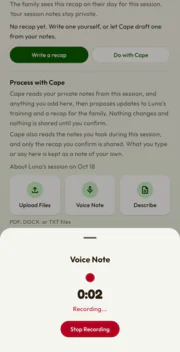 Recording a voice note about Luna's session, for Cape to draft the follow-up